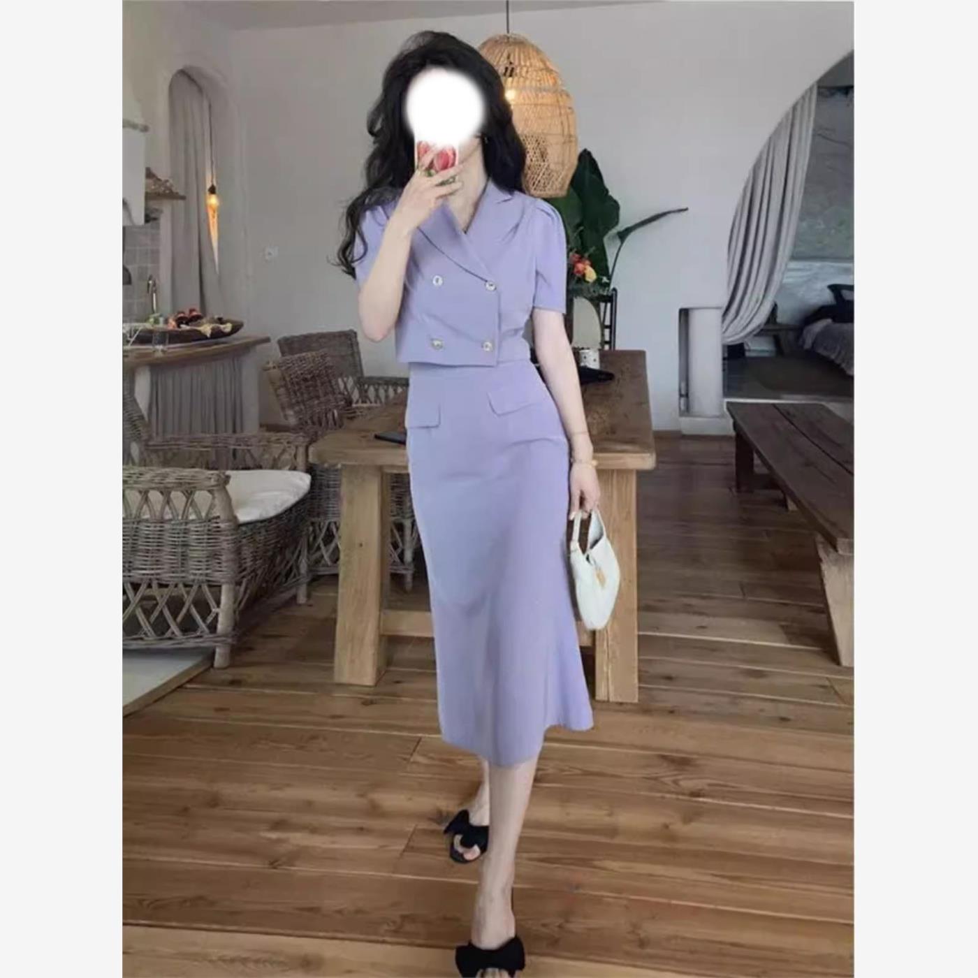 小香风西装套装御姐轻奢高定法式设计感小众气质紫色连衣裙子女夏
