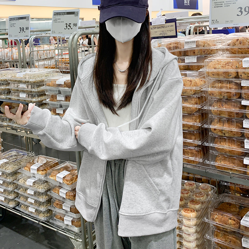 灰色连帽卫衣女秋冬加绒加厚2026新款爆款韩系慵懒风宽松上衣外套