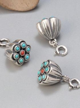 S925纯银水墨黑莲蓬吊坠 复古弹簧扣银饰小件挂件坠子DIY手工材料