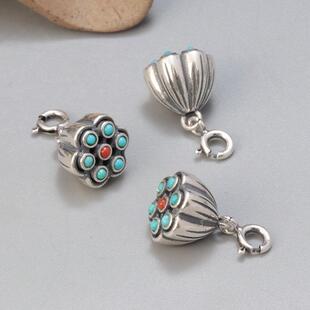 S925纯银水墨黑莲蓬吊坠 复古弹簧扣银饰小件挂件坠子DIY手工材料