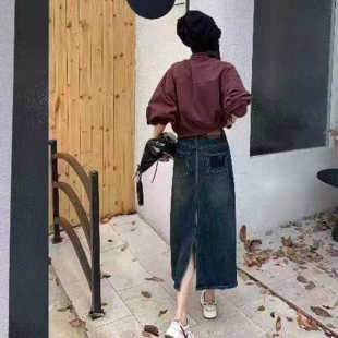 春秋季 牛仔裙女百搭显瘦半身裙弹力后开叉韩系高级女裙A字裙 新款
