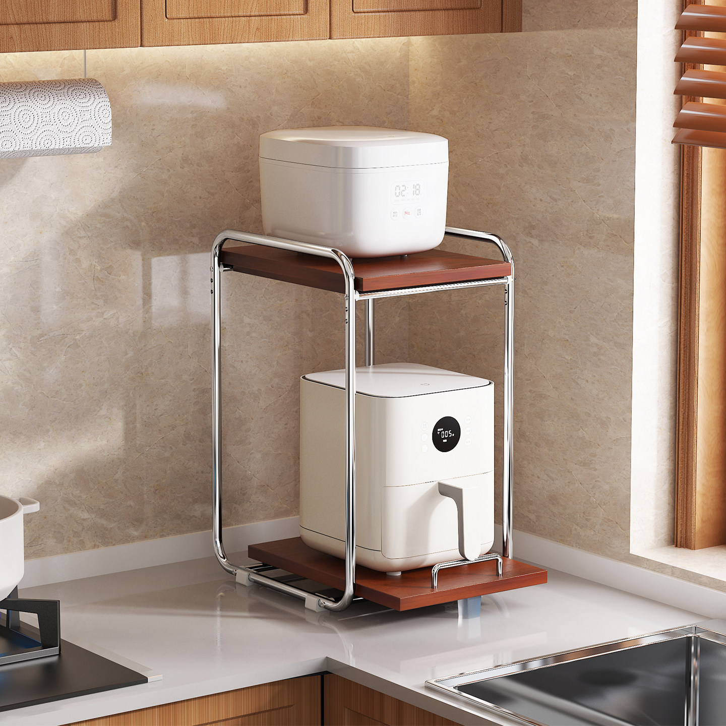 厨房电饭煲置物架台面家用可抽拉式空气炸锅分层多功能锅具收纳架,厨房/烹饪用具,微波炉置物架,淘宝优惠券,粉丝福利购,淘宝优惠卷