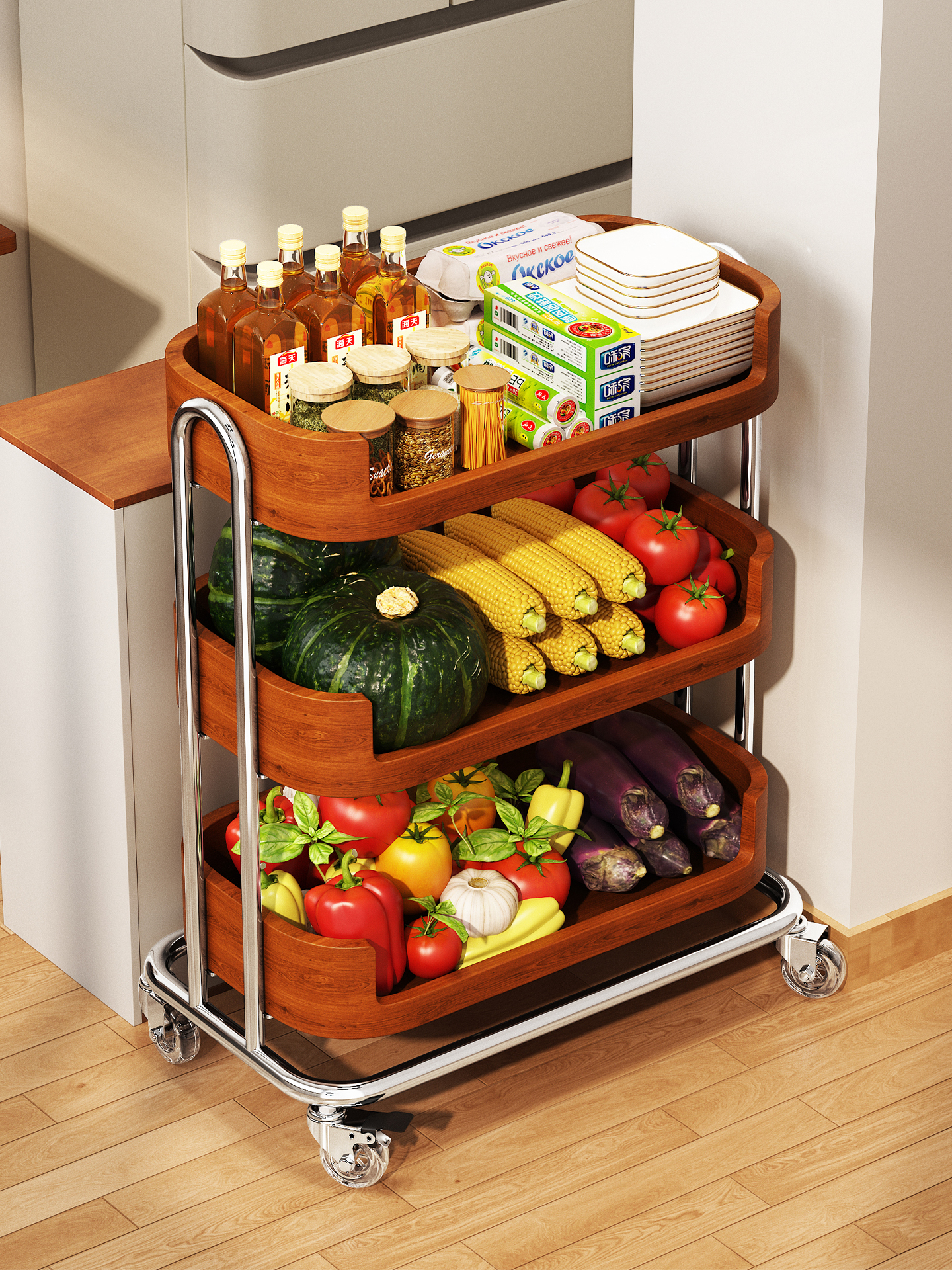 厨房果蔬置物架子多层落地小推车家用零食菜篮子收纳筐移动储物柜