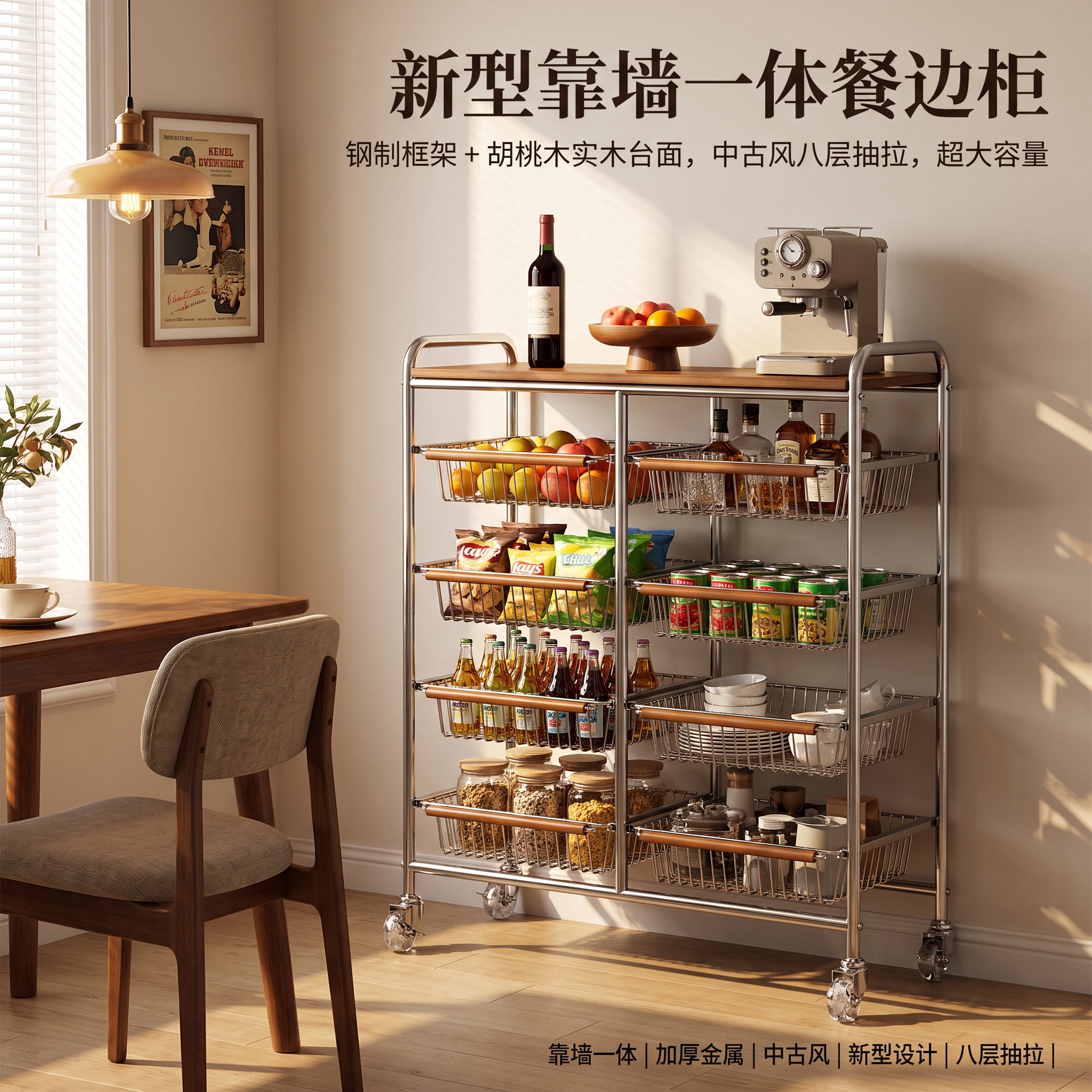 中古风餐边柜新型加厚钢制金属多层大容量落地移动小推车置物架