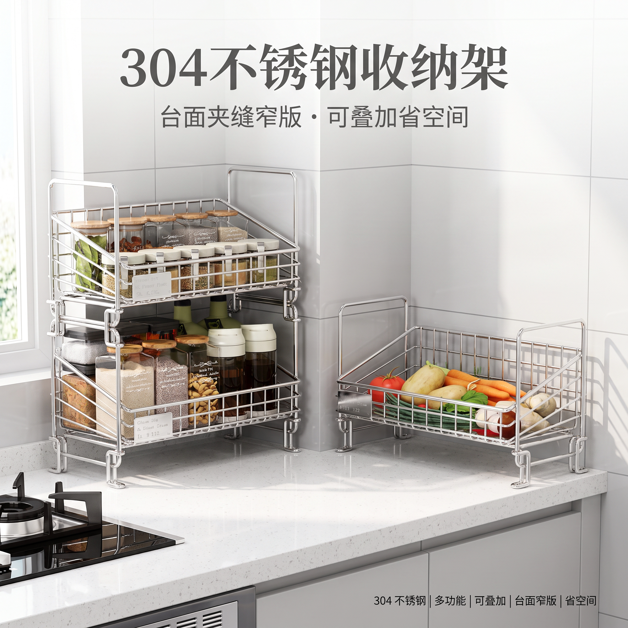 厨房置物架多功能304不锈钢多层调料架可叠加窄版台面沥水收纳架