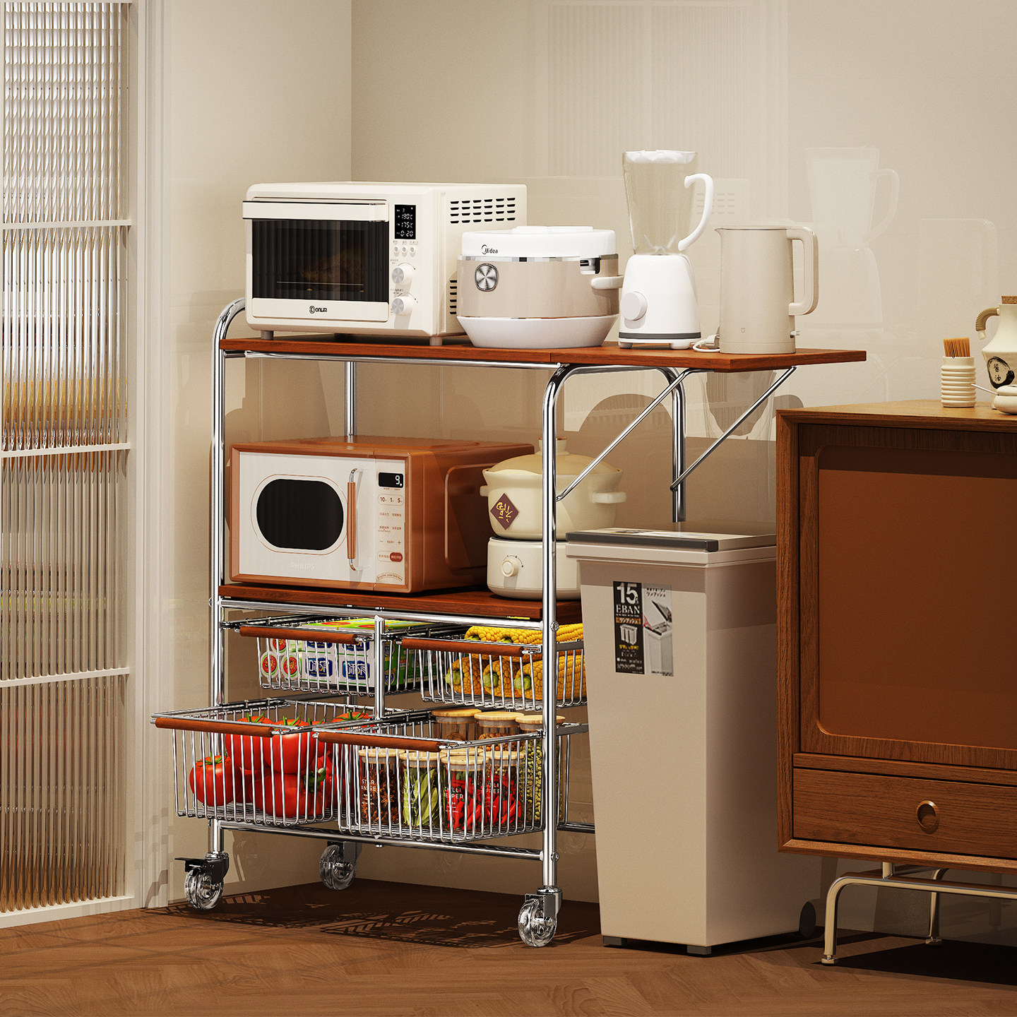 厨房置物架微波炉收纳架多功能蔬菜篮子切菜操作台可移动烤箱橱柜,厨房/烹饪用具,厨房置物架/置物柜/角架,淘宝优惠券,粉丝福利购,淘宝优惠卷