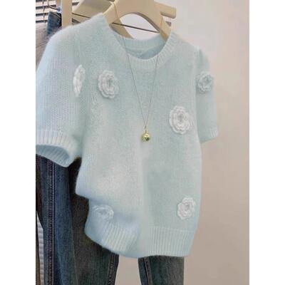 乳白色立袖花圆领短针织衫夏季女式t，体独特又超级好恤看，上衣