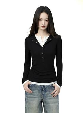 iiiam底X黑色V领假两件长袖T恤女秋2025新紧款修身LBA身搭打内衫