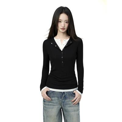 iiiam底X黑色V领假两件长袖T恤女秋2025新紧款修身LBA身搭打内衫