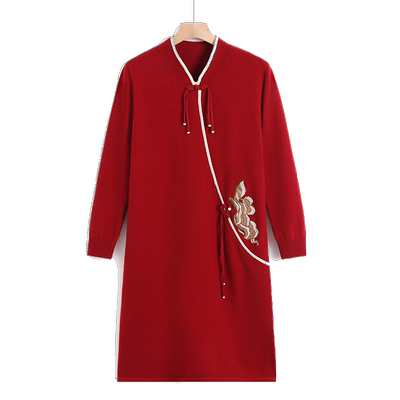 妈妈装毛衣旗袍中长款羊毛连衣裙