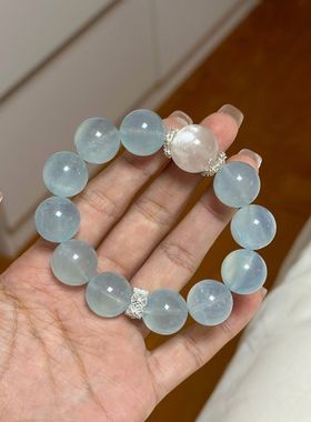 天然海蓝宝蓝色圆珠女手链