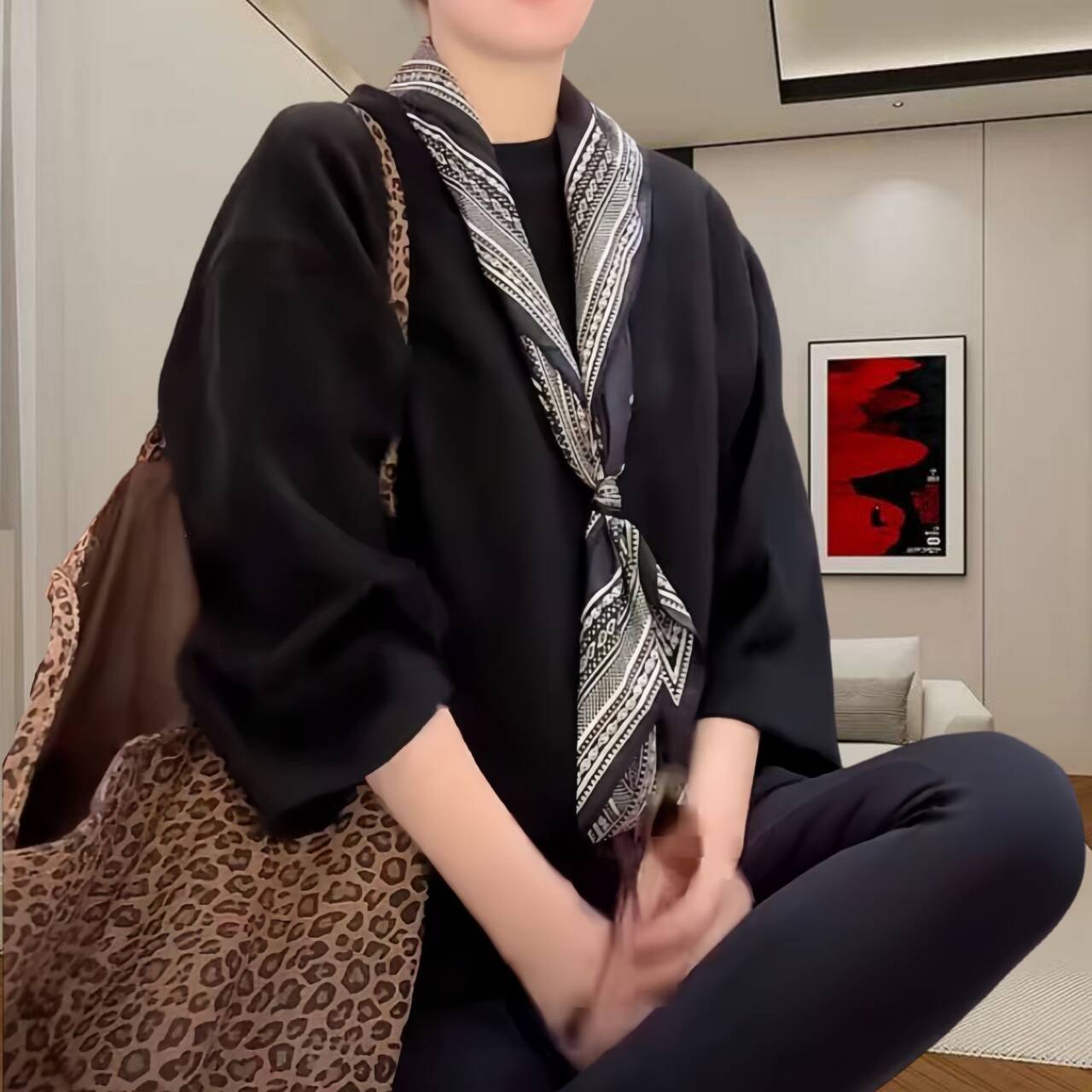 腰果印花披肩法式超大号斜纹绸凉感斜角巾女款三角形丝巾复古腰巾图片