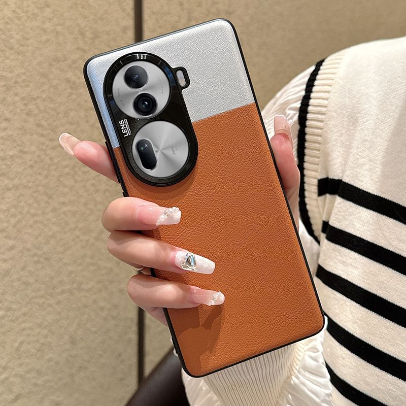 OPPO Reno12手机壳高档商务男Reno11Pro拼色素皮全包防摔壳轻奢女