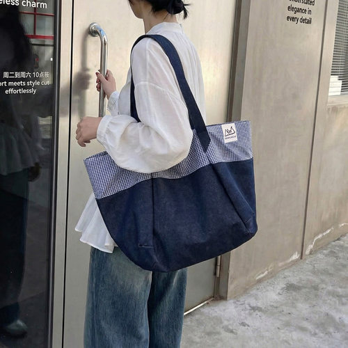 日系复古牛仔格纹帆布包