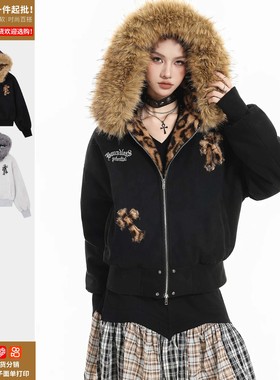 冬季休闲加厚棉服上衣外套女豹纹十字架刺绣可拆卸毛领连帽棉衣男