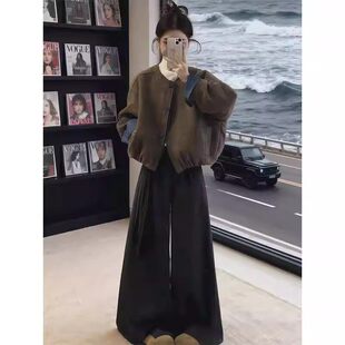韩版慵懒棕色复古撞色拼接外套女春秋新款设计感短款开衫夹克上衣