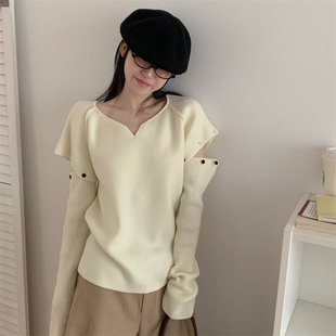 2026春季新款设计感V领针织衫女假两件拼接袖子洋气韩版显瘦毛衣