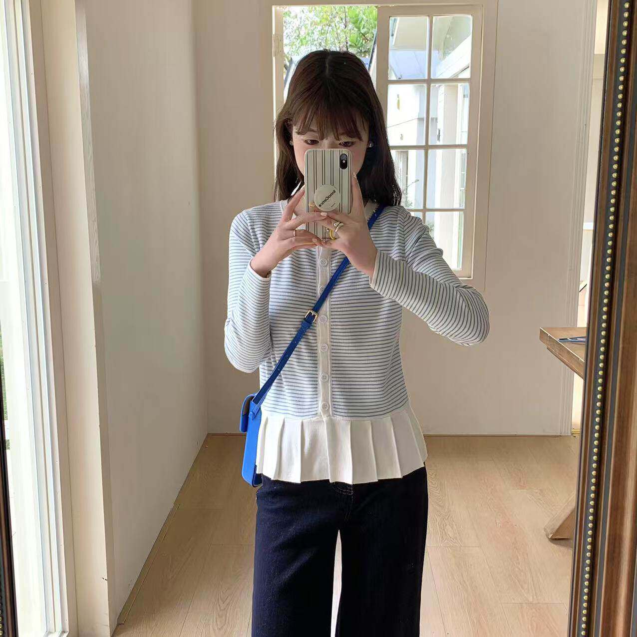 北岛AMUU原创拼色条纹百褶下摆针织衫女早春新款小众长袖上衣