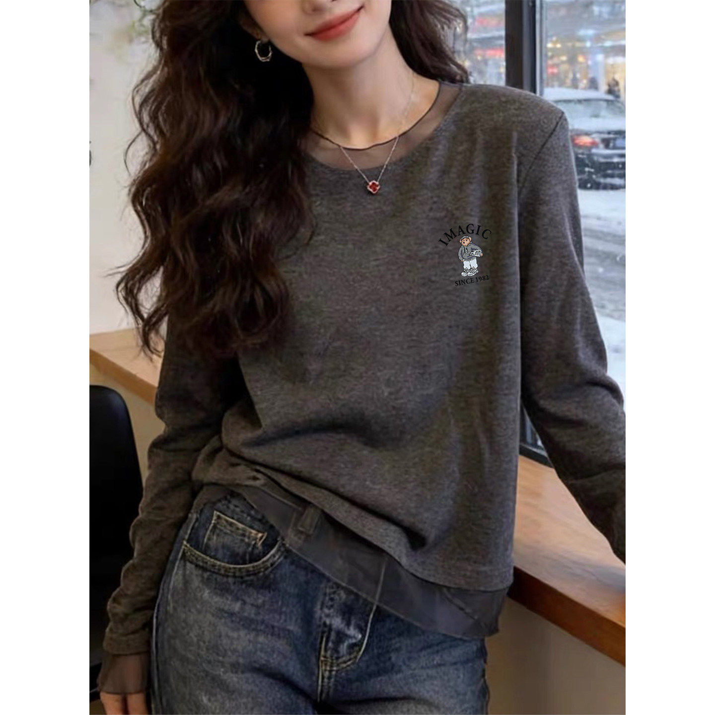 深灰色拼接网纱纯棉长袖t恤女装ins韩系时尚百搭减龄上衣2026新款