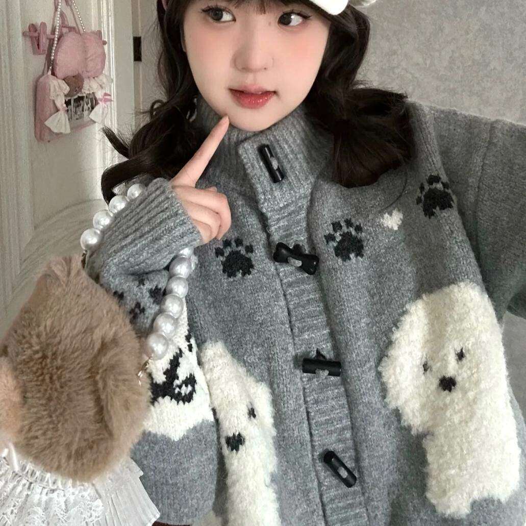 oversize！慵懒风卡通单排扣毛衣开衫女秋季新款韩版宽松针织外套