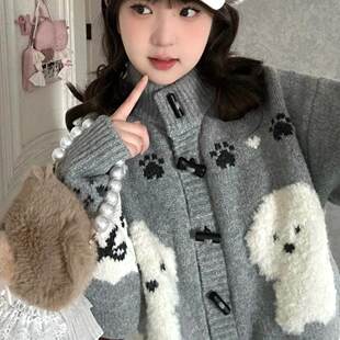 oversize!慵懒风卡通单排扣毛衣开衫女秋季新款韩版宽松针织外套