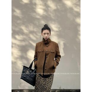 美式覆古棕色立领工装外套女款春秋季小个子修身显瘦短款夹克上衣