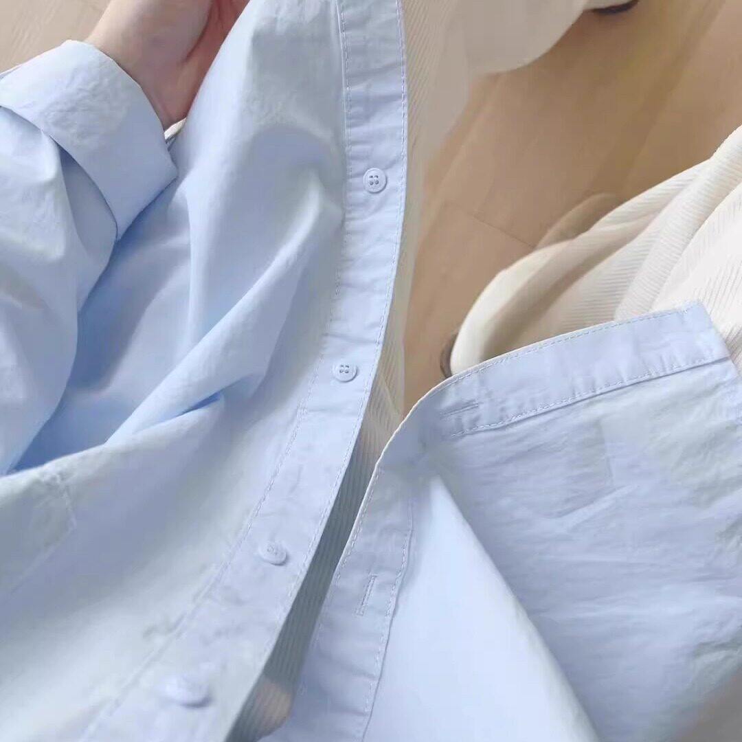 纯棉蓝色衬衫女春秋2025新款翻领内搭长袖衬衫外穿小个子韩系上衣