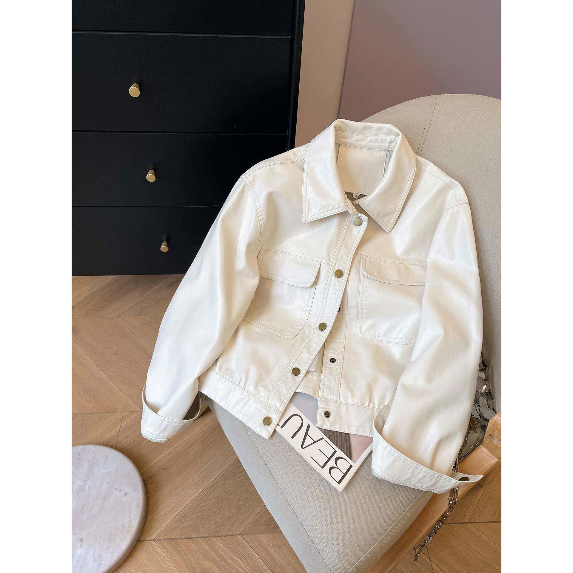 小C家 白色皮衣外套女2025新款秋季高级感酷飒风机车服翻领皮夹克