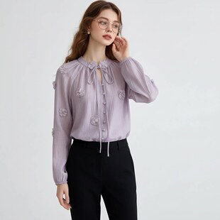 2026春季新款温柔风紫色立体花朵衬衫女长袖系带气质内搭小衫上衣