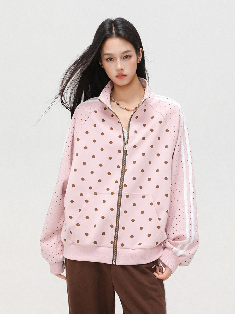 2026春季新款女装白色波点图案短外套女宽松长袖春秋外套