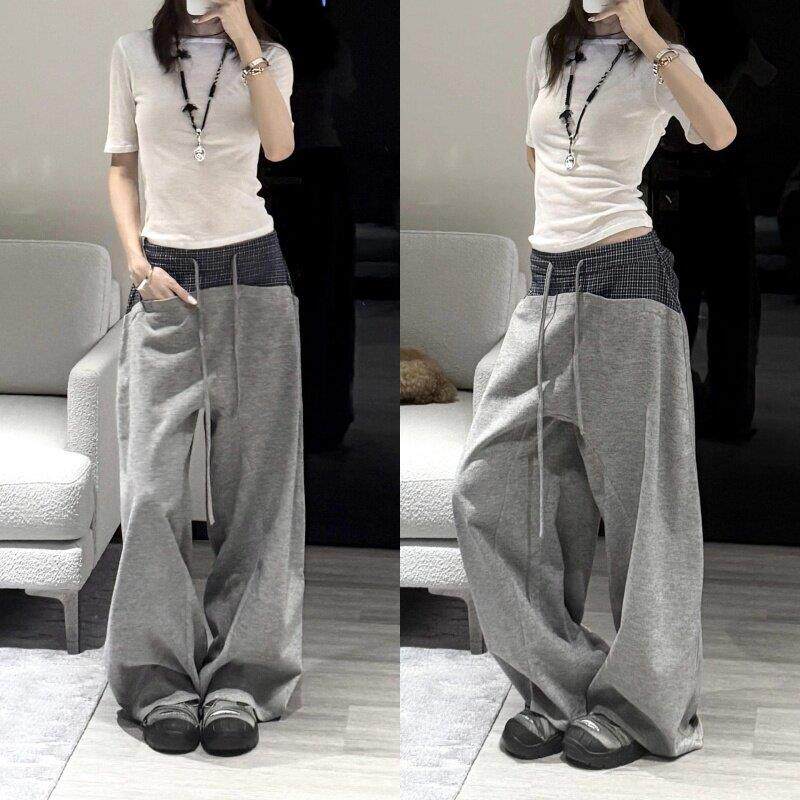 美式设计感格纹拼接抽绳弯刀阔腿裤女高腰显瘦卫裤爵士舞休闲长裤