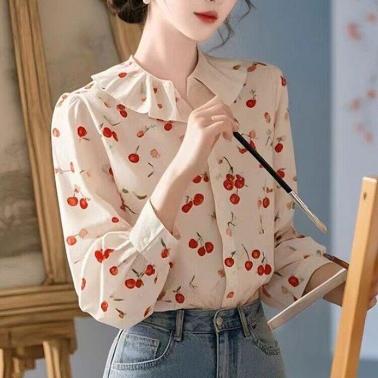 法式温柔翻领碎花衬衫女装2026春秋新款荷叶领超好看别致绝美上衣