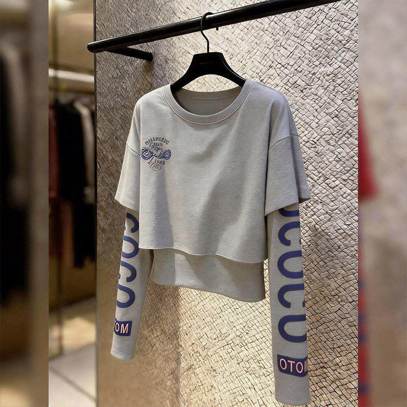 美式灰色假两件上衣女2026早春气质个性百搭休闲简约时尚高级长袖