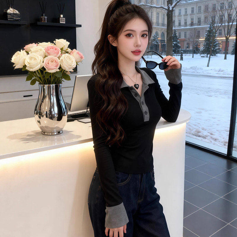 大尺码女装撞色Polo领长袖T恤2026春季新款胖MM显瘦修身打底衫上