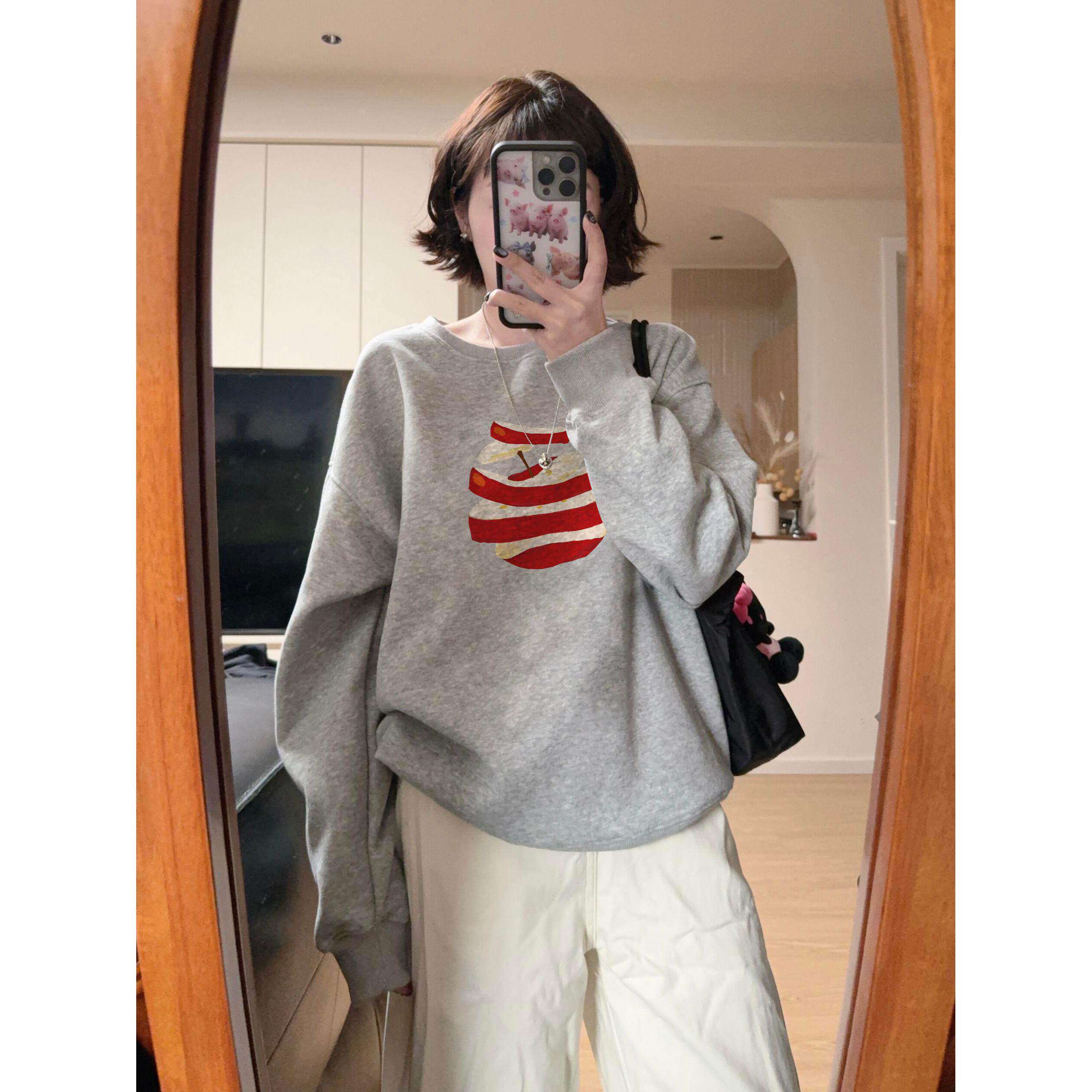 纯棉美式复古灰色无帽卫衣女2026新款设计感小众春季慵懒韩系上衣