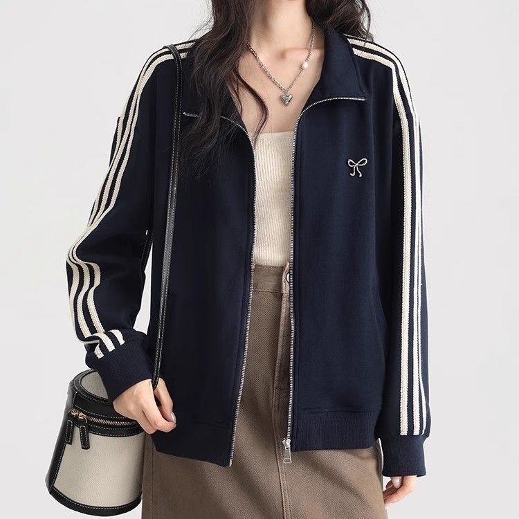 三条杠蝴蝶结卫衣女运动外套2026春秋新款藏青色开衫拉链上衣立领
