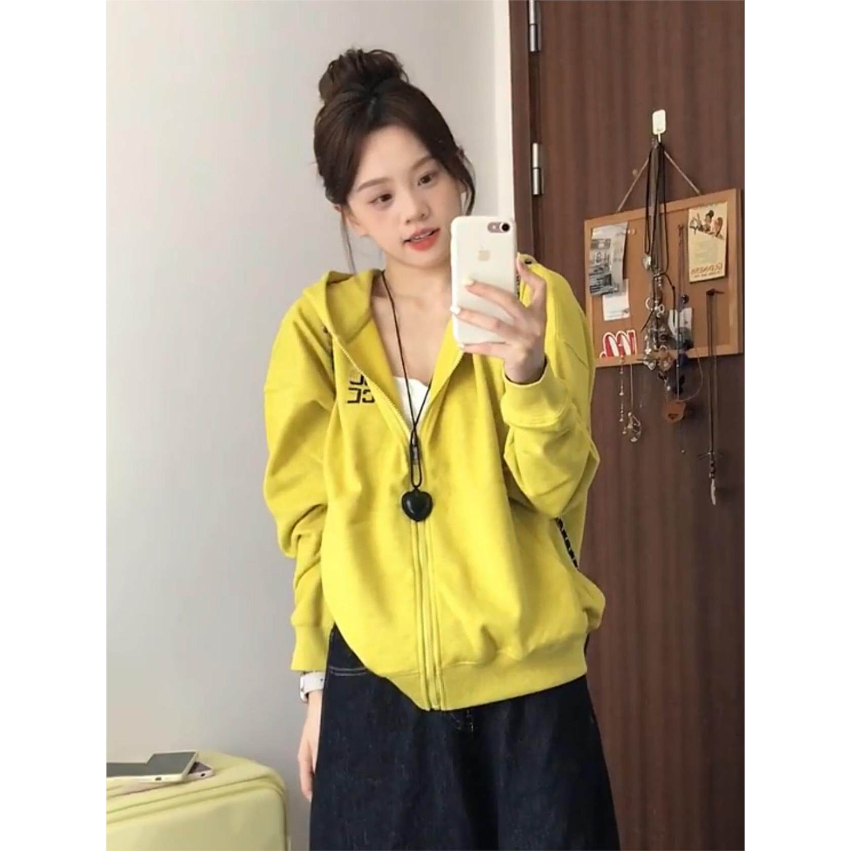 黄色卫衣女外套女2025新款宽松慵懒风休闲覆古连帽开衫夹克上衣潮