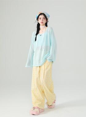 AONW新款百搭甜美薄荷绿镂空针织衫罩衫吊带两件套装女宽松慵懒风