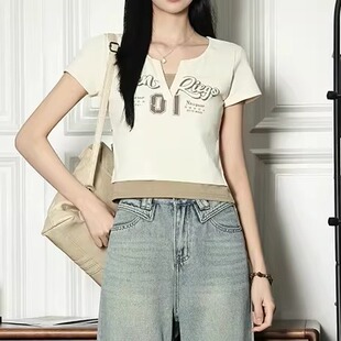 女休闲百搭假两件字母印花短袖 胖mm大码 T恤 新款 2026夏装