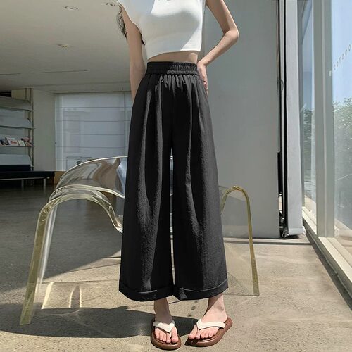 2026夏装新款胖mm大码女时尚松紧腰九分裤高腰显瘦阔腿裤