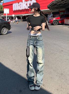 美式复古窄版直筒做旧牛仔裤女2025春夏新款低腰显瘦百搭休闲裤子