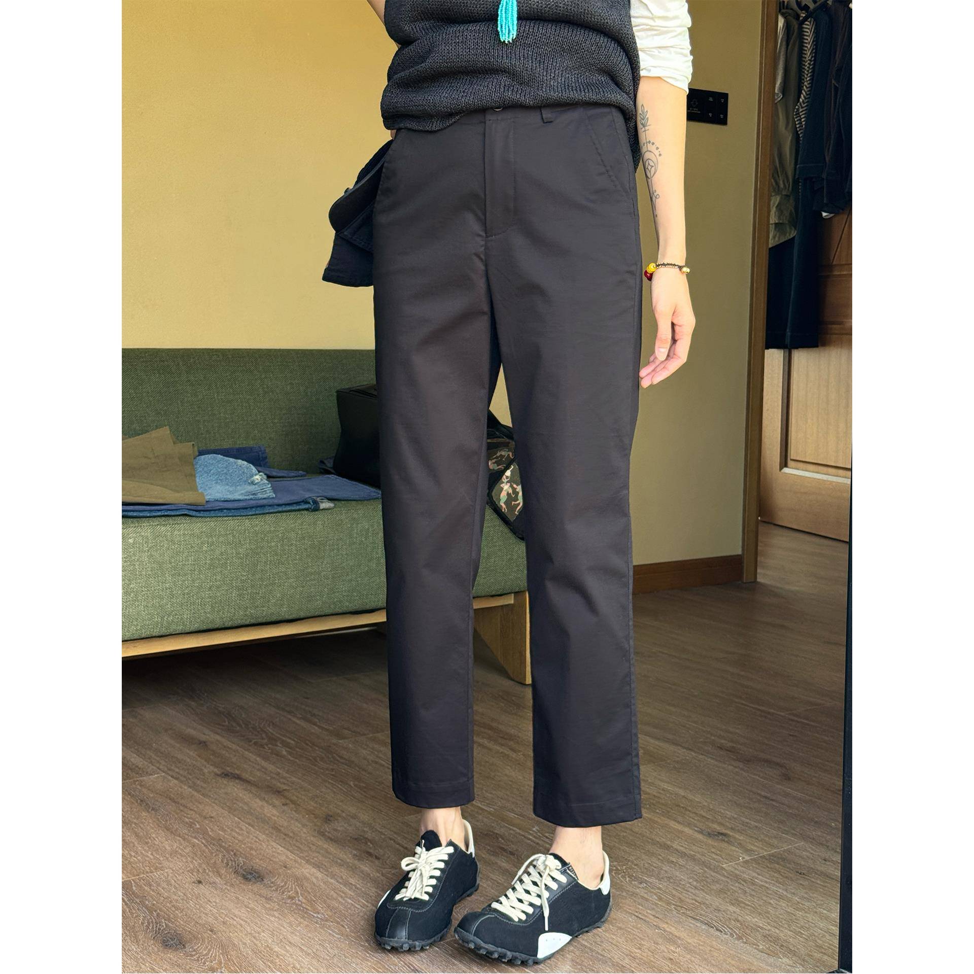 周浪清小个子窄版九分直筒裤女款2025新款夏季黑色薄款休闲烟管裤