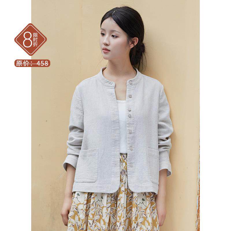忘城H1284座/秋季新款小个子色织亚麻立领开衫百搭短款上衣外套女