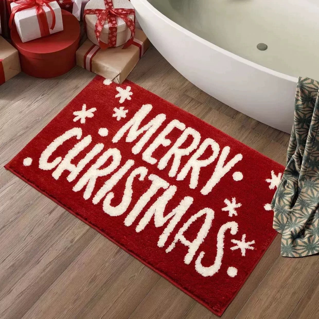 圣诞节红色字母毛绒地毯浴室卫生间门口吸水速干防滑脚垫厕所地垫