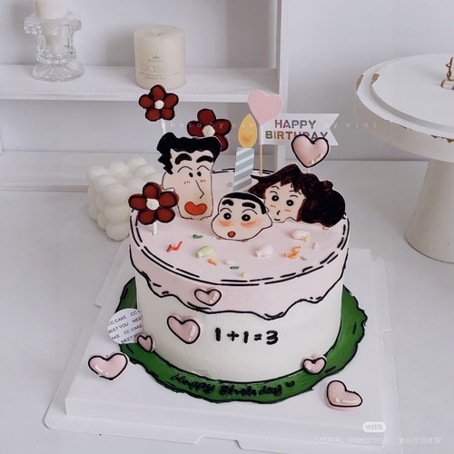 蜡笔小新爱心花朵一家三口纪念日蛋糕装饰摆件妈妈爸爸周年插件