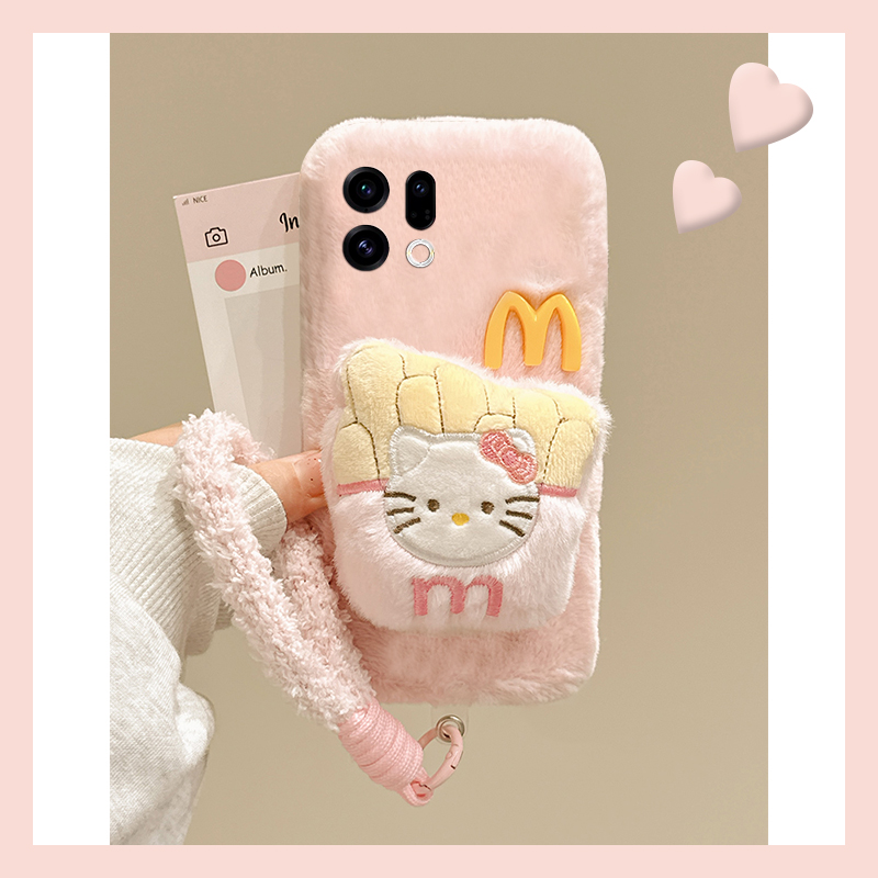 粉色薯条kt猫适用oppofindx9plus手机壳fondx8尼龙绳x50pro立体k12x秋冬x7毛绒x6por卡通ultra软x5/x3/realme