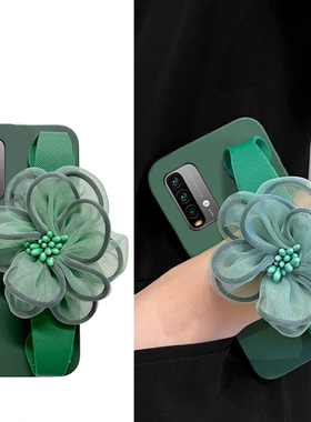绿色纱花适用小米红米note9pro手机壳8手腕7立体5g带花朵por斜挎redmi硅胶n0te软壳可背个性斜跨网红小众新款
