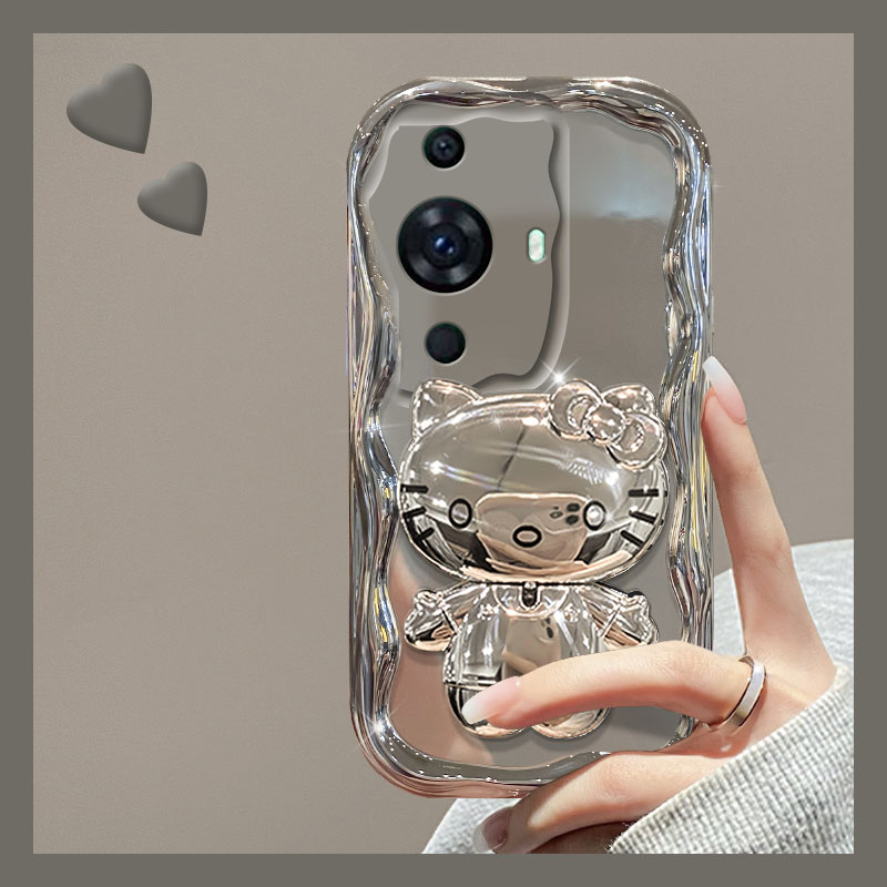电镀银色镜子镜面KT猫支架手机壳