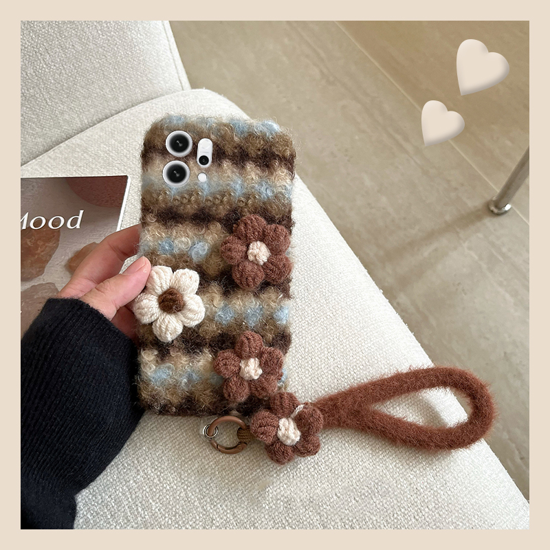 ins风针织花朵适用opporeno14手机壳reon13撞色12pro条纹11秋冬季10por+十9毛绒7se毛茸茸5k挂绳4se挂绳oppo