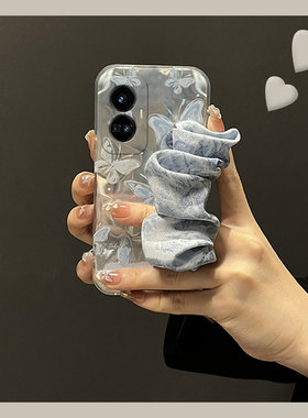 蓝色蝴蝶丝巾适用oppo真我gtneo6se手机壳gt2pro腕带v25斜挎v15可背v11/v5q5q3s/q2/gt5大师探索版realme女2t